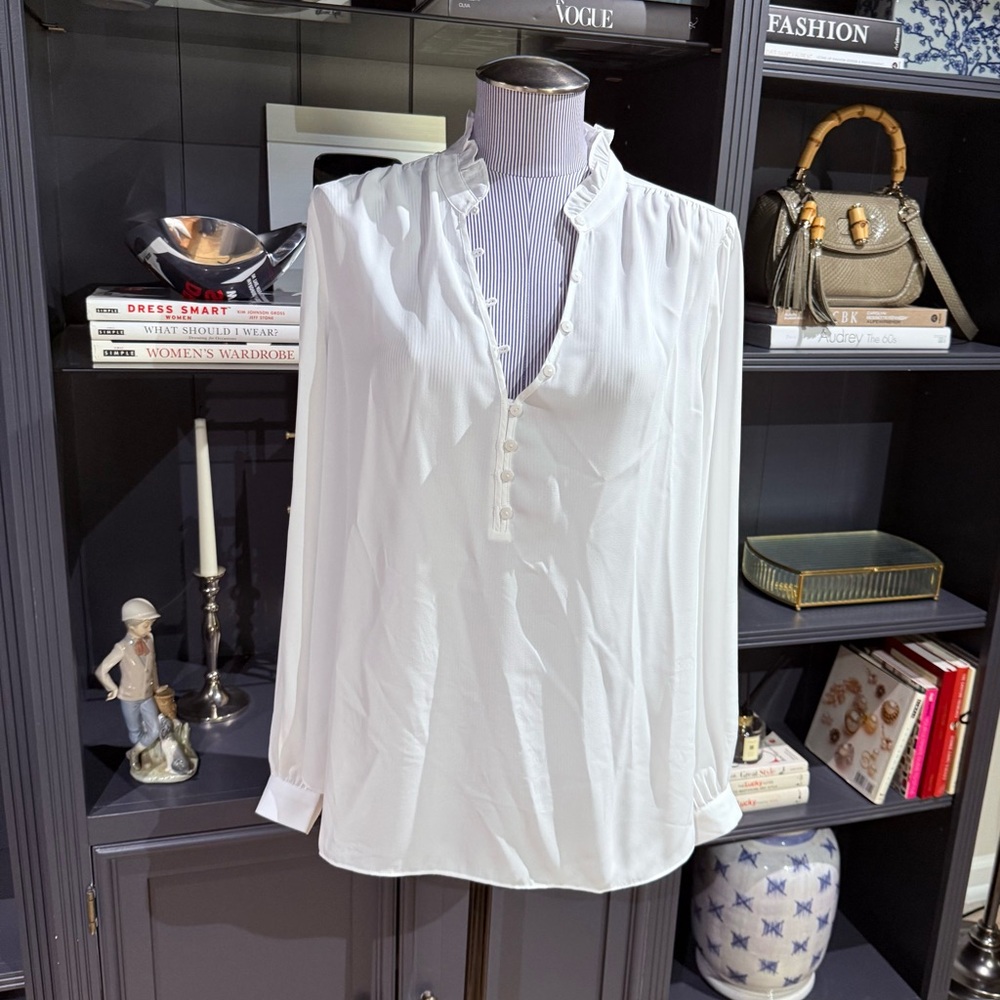 NYDJ White Ruffle Neck Hannah Blouse – Size M